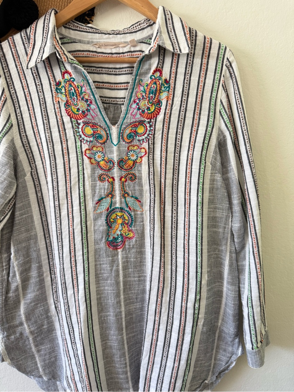 Soft Surroundings Embroidered Stripe Cotton Tunic Top Size Large Boho Lagenlook - Picture 12 of 16